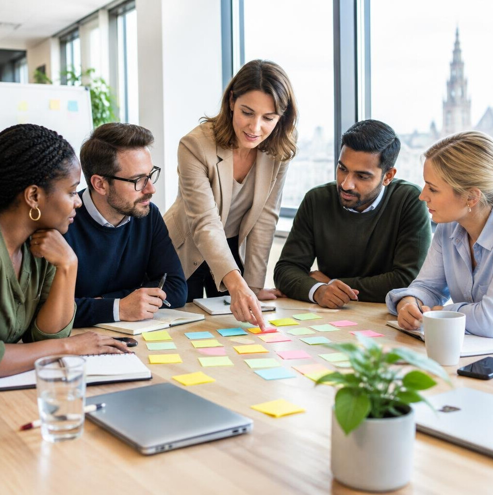 Diverse group of business professionals brainstorming around a table with sticky notes