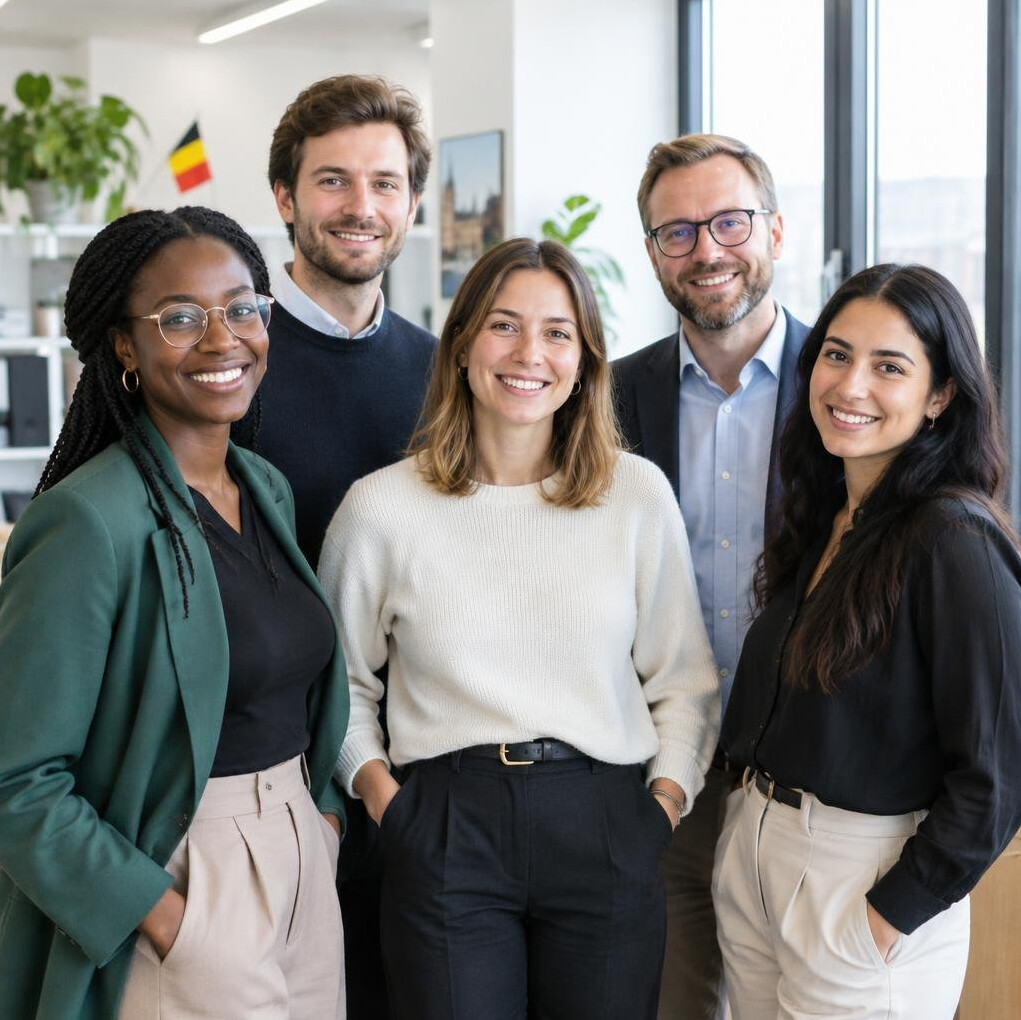 Diverse team of colleagues smiling together in a modern office
