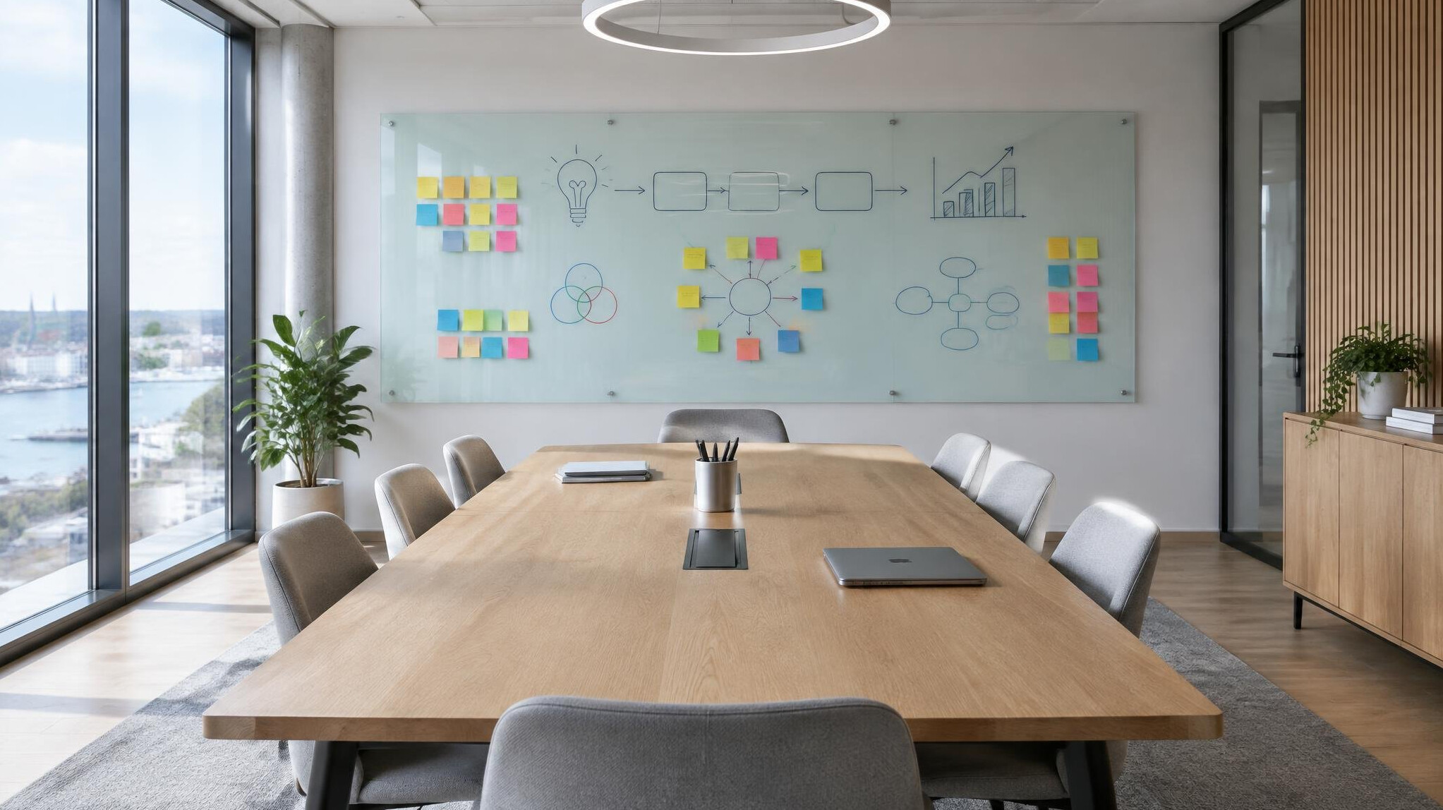 Empty modern meeting room with a whiteboard covered in colorful sticky notes